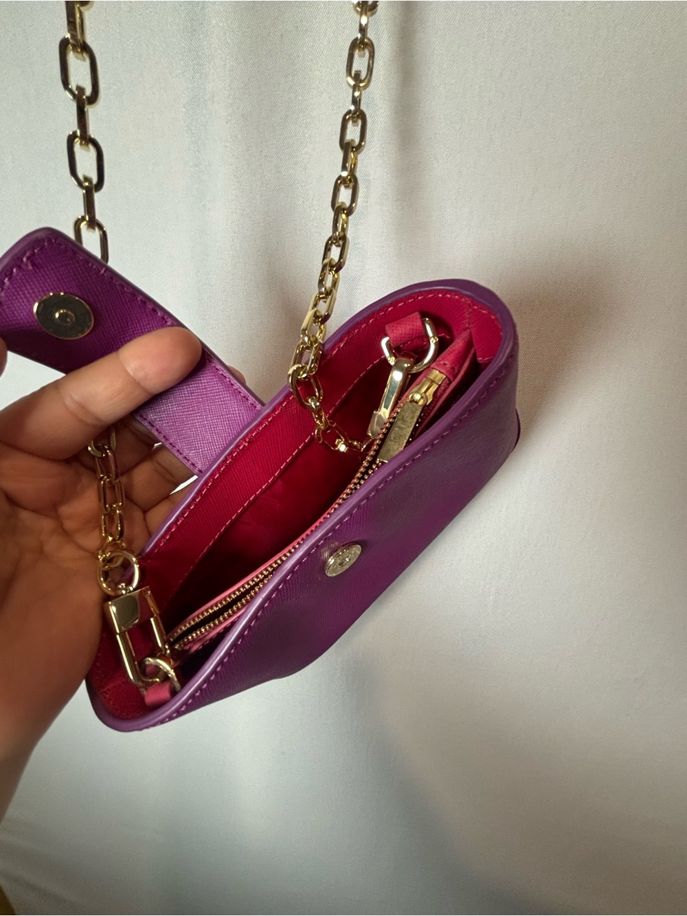 Tory Burch Purple Small Shoulder Bag Logo Detachable Chain Strap Zip Magnetic - Picture 5 of 7